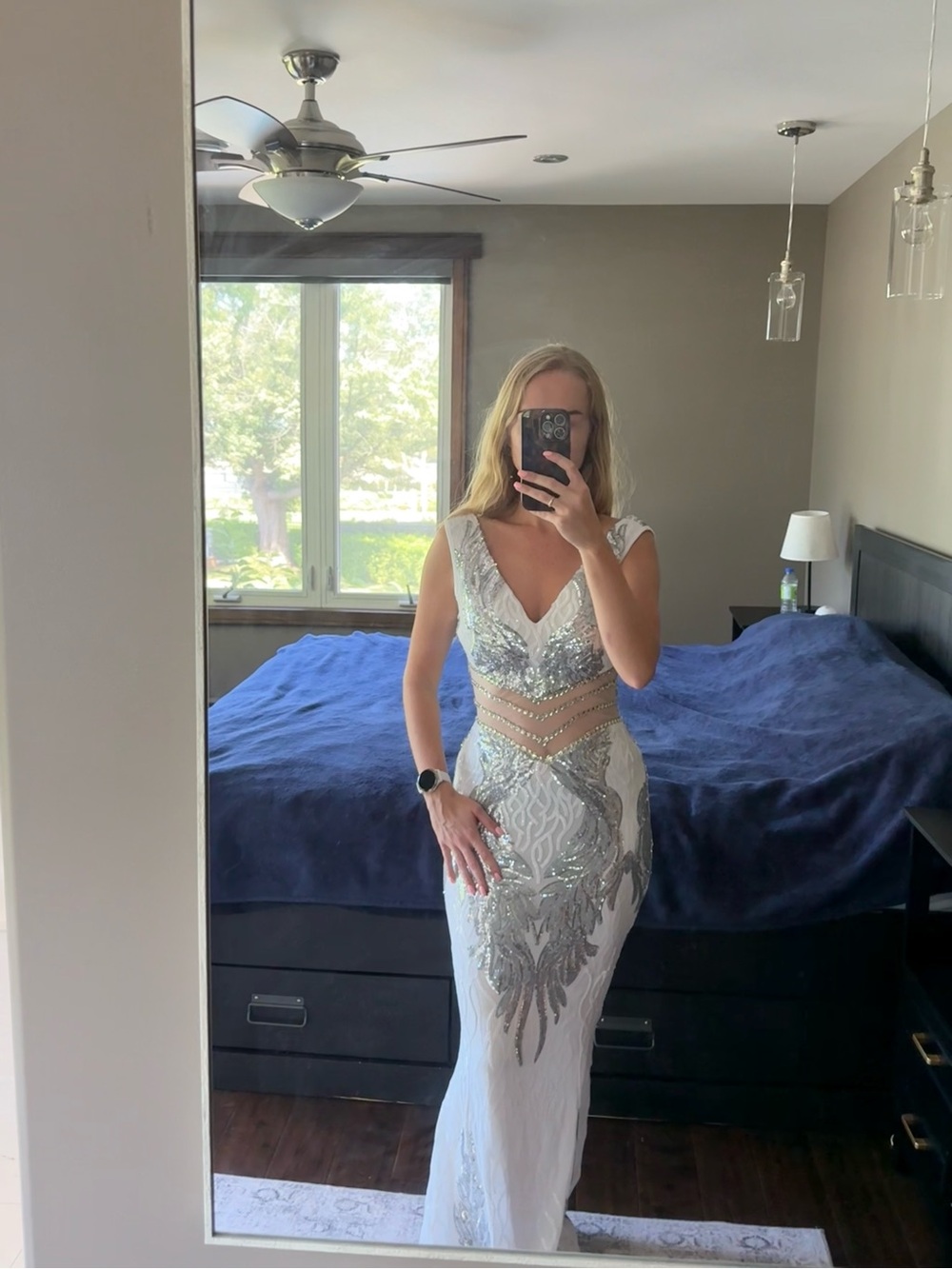 White & Silver Embellished V-Neck Evening Gown
